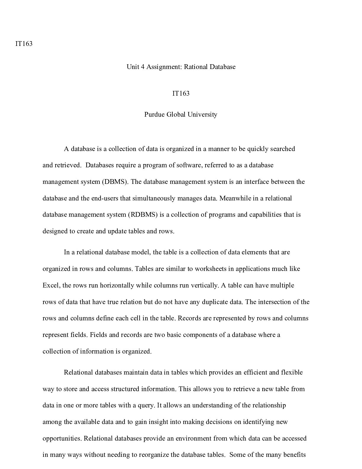 Preview image for IT163 Unit4.docx  IT163  Unit 4 Assignment: Rational Database  IT163  Purdue Global Univer